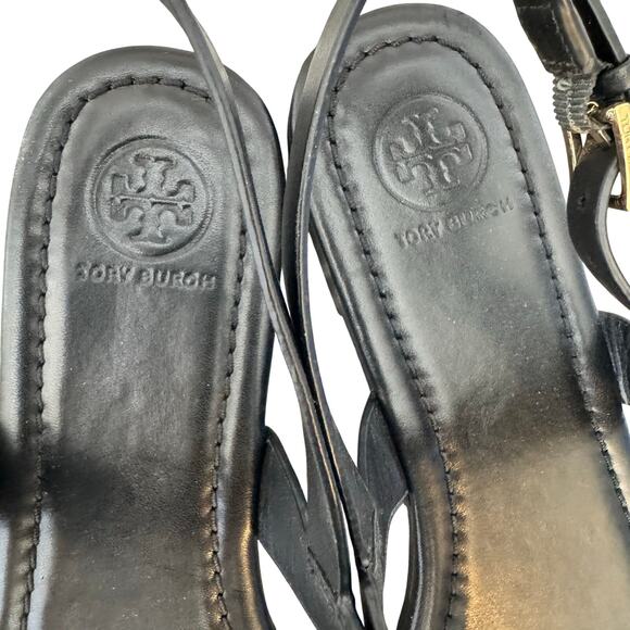 Tory Burch Bryce Flat Thong Sandals black leather gold-tone double-T logo emblem - Picture 7 of 8